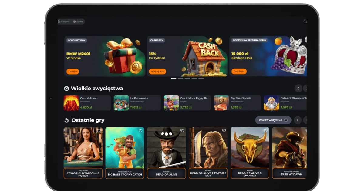 Zrzut ekranu strony kasyna online CorgiBet